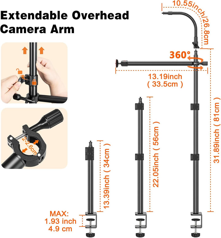 Kamera Tischhalterung, 34-108cm Overhead-Kamera Tischstativ mit Flexibler Abnehmbarem Arm und 1/4" 3