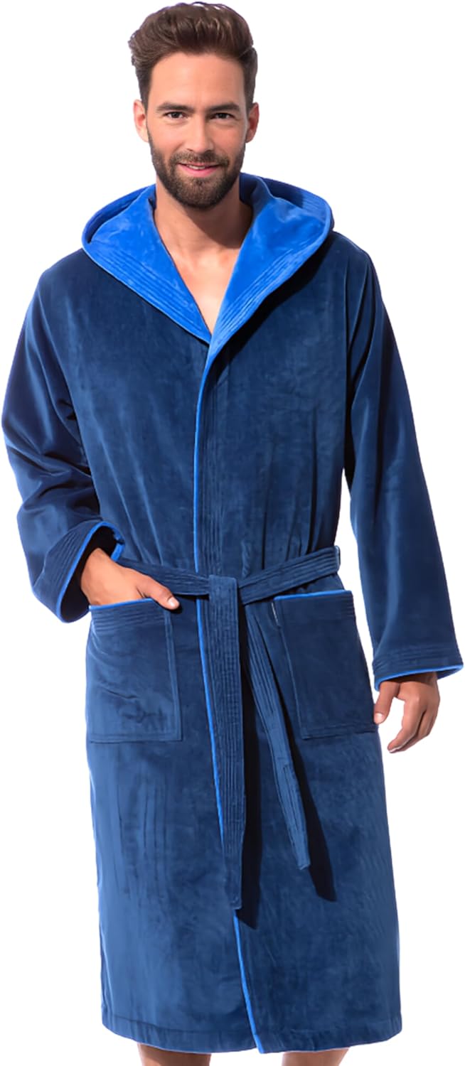 Morgenstern Bademantel Herren Kapuze 100% Baumwolle Frottee Velours Lang Finn M Blau, M Blau