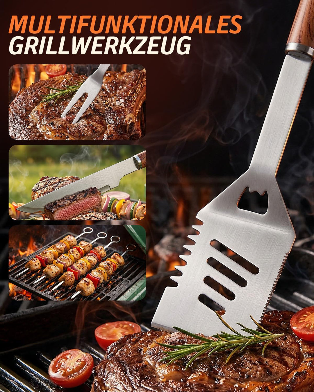 Grillbesteck Set, 17-teilig Edelstahl Grill Zubehör mit Tragetasche, Umfassendes Grillbesteck für da