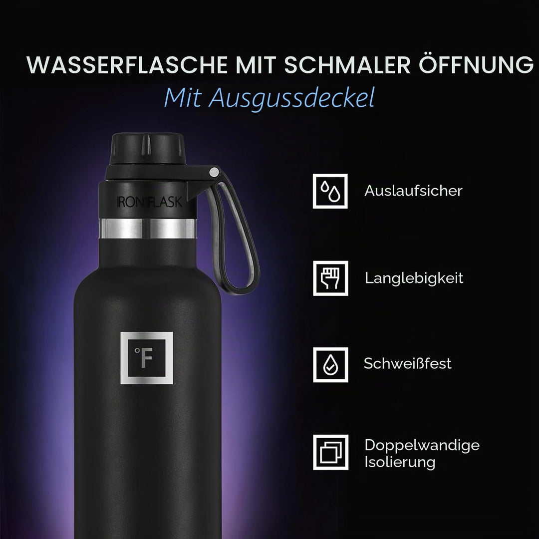 IRON °FLASK Sportwasserflasche mit schmalem Mund - 24 Unzen, 3 Deckel (Auslaufdeckel), vakuumisolier