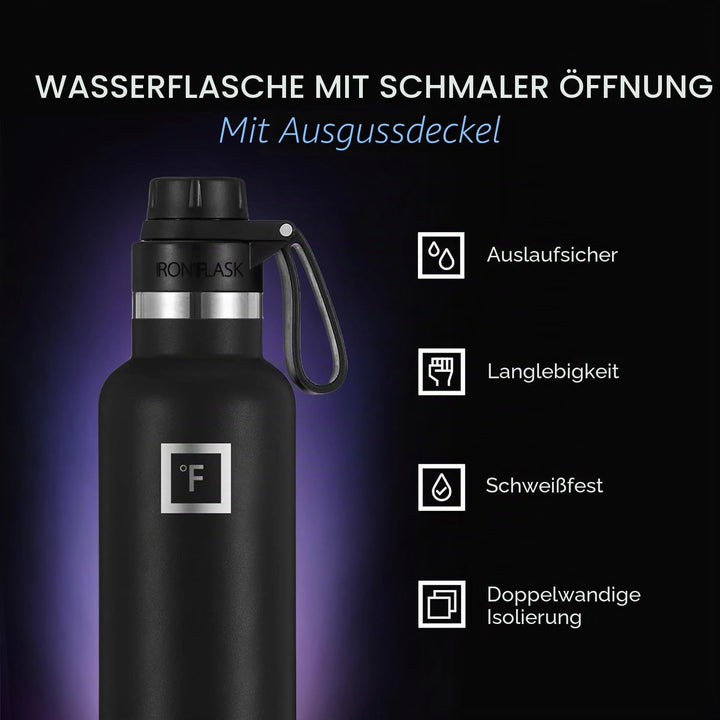 IRON °FLASK Sportwasserflasche mit schmalem Mund - 24 Unzen, 3 Deckel (Auslaufdeckel), vakuumisolier