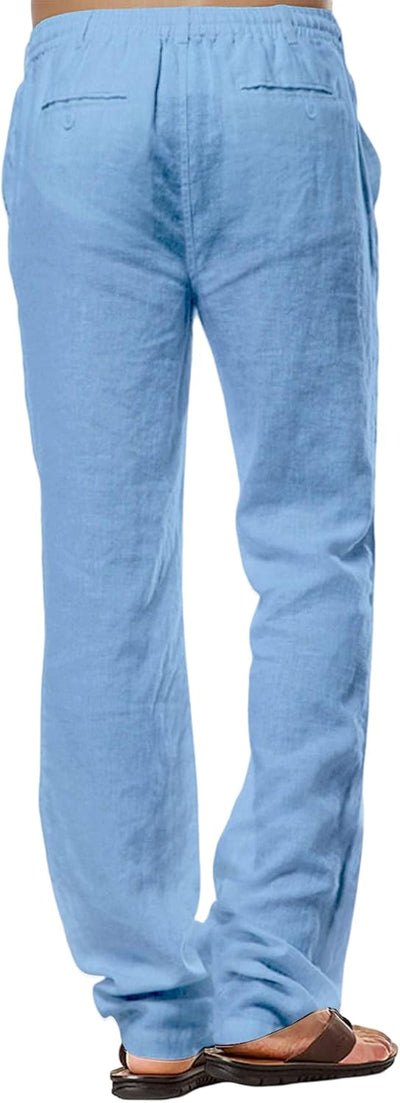 Herren Leinenhose Casual Baumwolle Hose Sommer Strand Hosen Leichte Tunnelzug Hose M Blau, M Blau