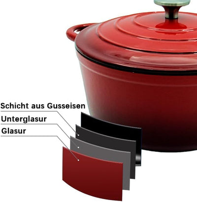 Nilpferd Gusseisen Topf Bratentopf Schmortopf Brotbacktopf mit Deckel und Griffen 22cm/3l Rund Rot E