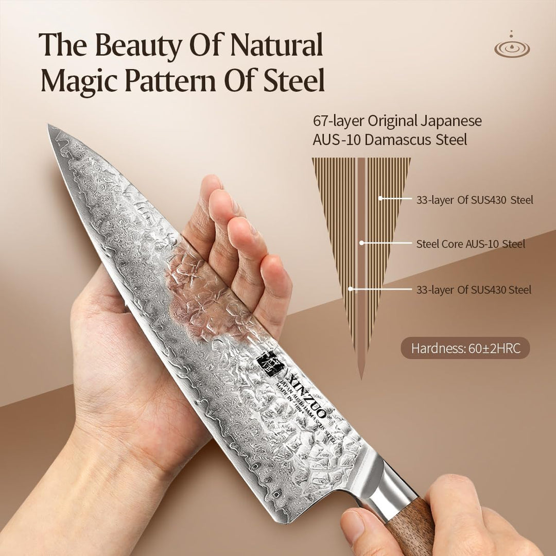 XINZUO AUS-10 Damaststahl Küchenmesser Set 5er, Japanischer Stahl Messerset Profi Hammerschlagoberfl