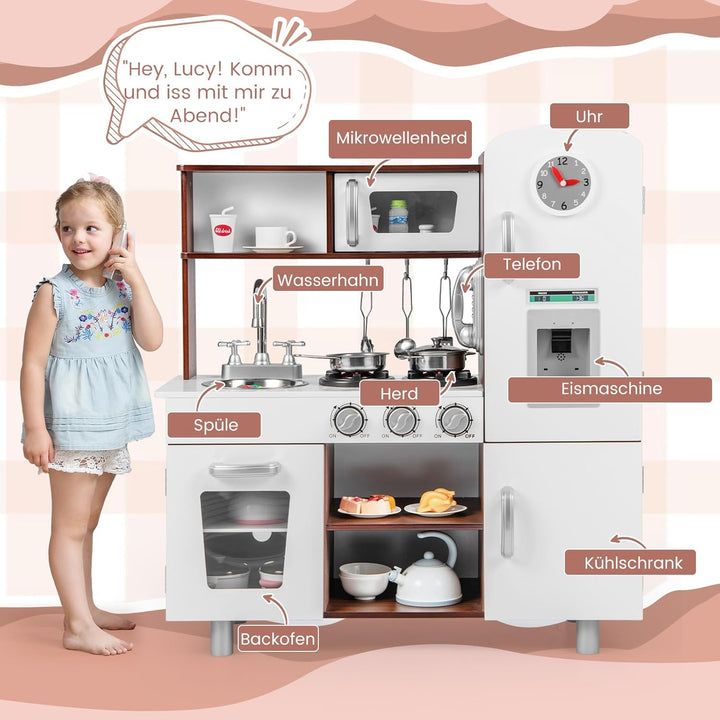 DREAMADE Kinderküche mit Licht und Sound, Kinder Spielzeugküche mit Spüle Herd Mikrowelle Kühlschran
