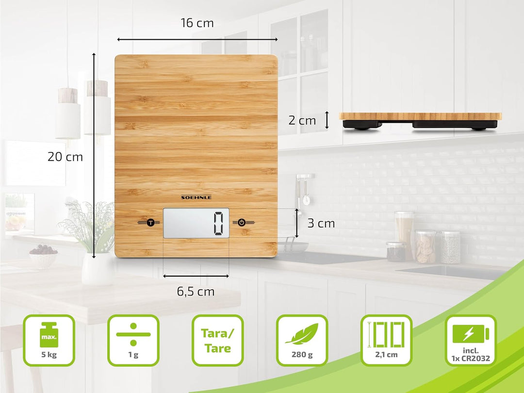 Soehnle Bamboo, digitale Küchenwaage, hochwertige und natürliche Haushaltswaage aus echtem Bambus, e