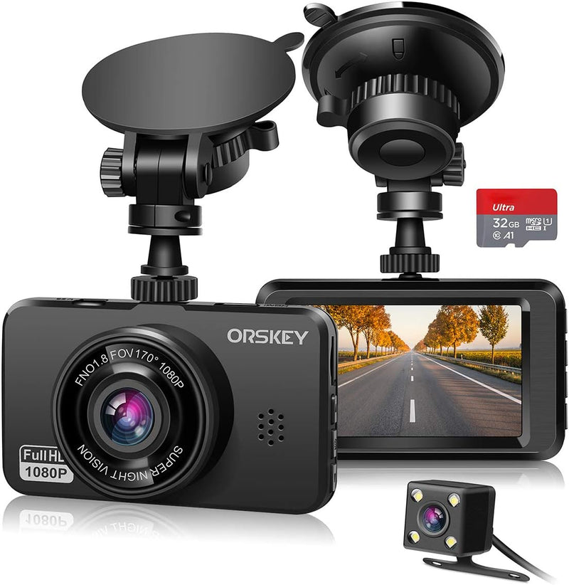 ORSKEY Dashcam Auto Vorne und Hinten inkl. 32GB SD-Karte 1080P Full HD Autokamera Doppelobjektiv Das