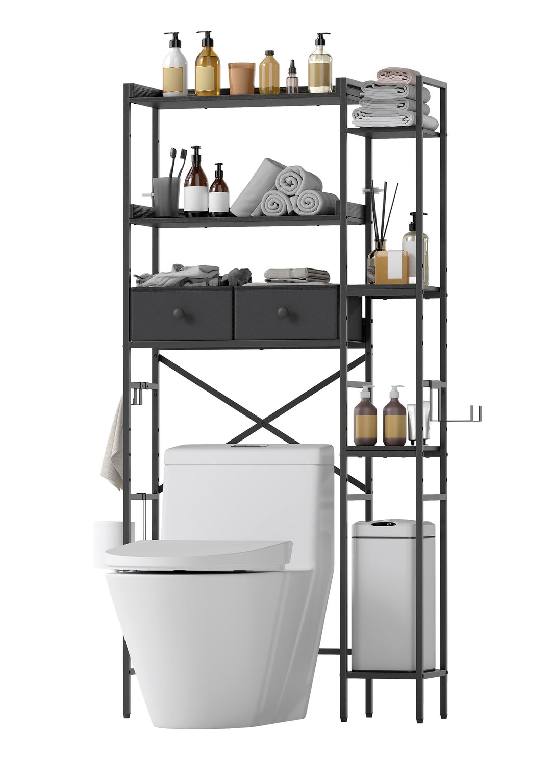 7-Ebenen Toilettenregal Einfache Montage für Badezimmer, Schwarz | Wasserdicht, Rostfrei, Ohne Bohre
