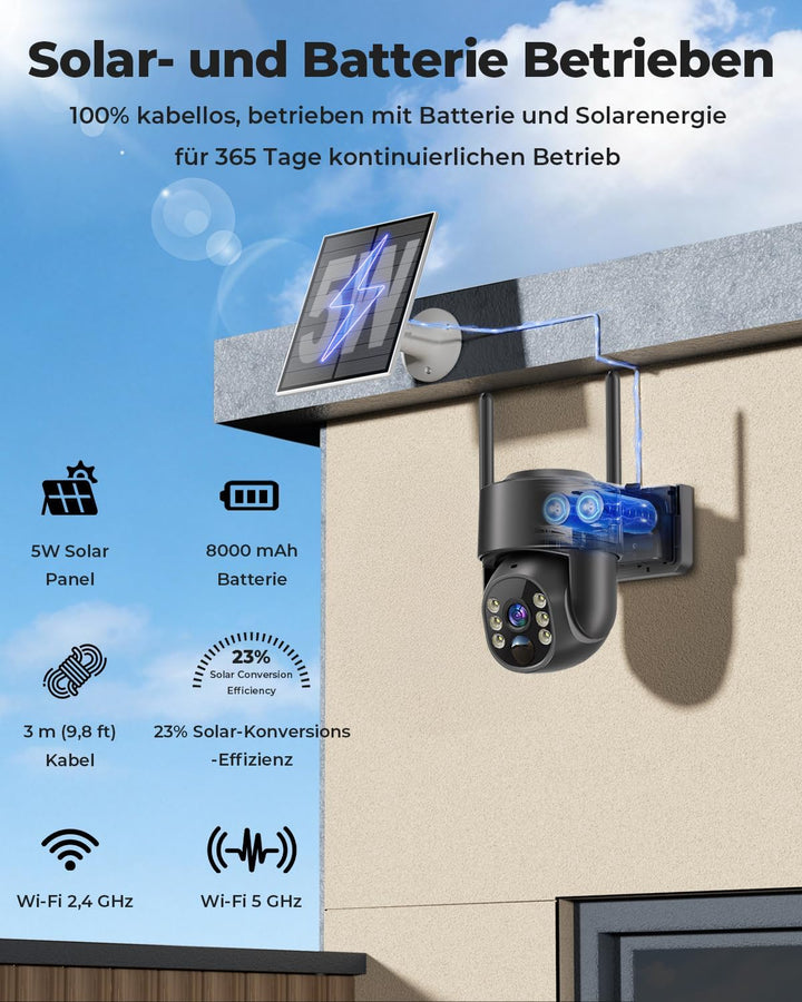 2K 4MP Überwachungskamera Aussen Akku Solar, 2,4G- und 5G-WLAN, 360° PTZ-Aussenkamera mit Batteriebe