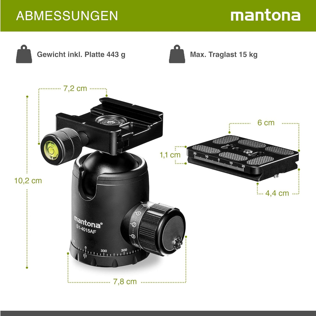 mantona Fortress Kugelkopf mit 40 mm Kugel I 360° Panorama-Funktion & 3 Wasserwaagen I mit Arca Swis