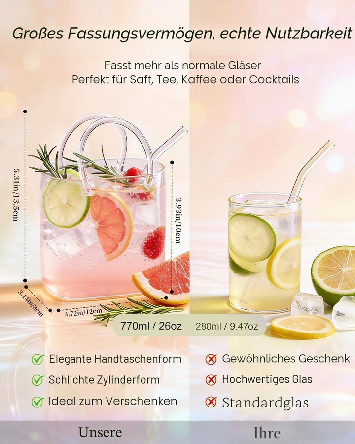 770 ml Trinkglas in Handtaschenform mit Strohhalm, einzigartige Handtaschen-Vase für Getränke, dekor