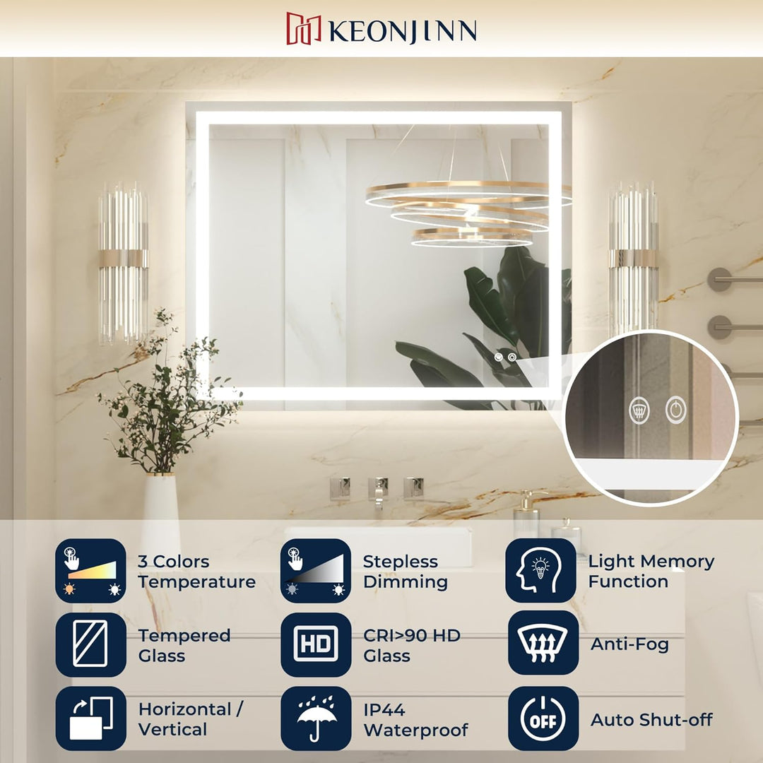 Keonjinn Badspiegel mit Beleuchtung 150x80cm, Beleuchtet Badezimmerspiegel Beschlagfrei Led Bad Spie