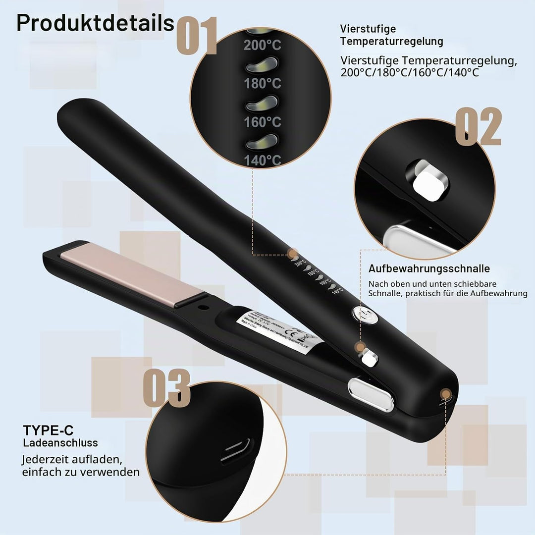 2 in 1 Glätteisen Kabellos und Lockenstab, Keramik Haarglätter zum Locken und Glätten, Mini Tragbare