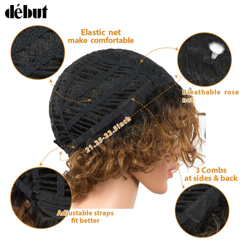 DÉBUT Kurze Bob Perücke mit Air Bangs Kurze lockige gewellte Echthaar Bob Perücke für Damen 25 cm 12