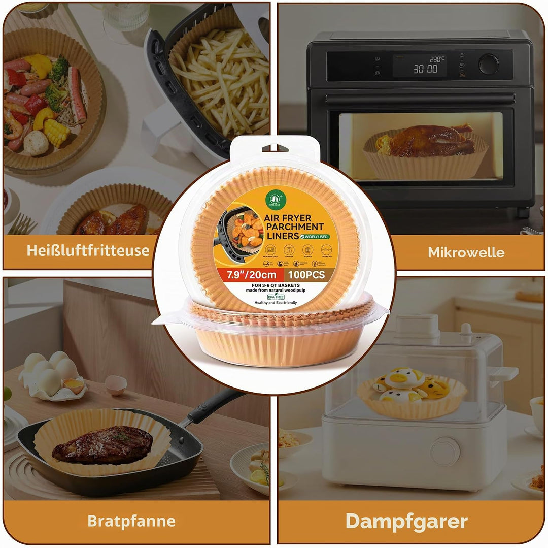 100 Stück Backpapier für Heissluftfritteuse, Rund 20cm BPA-Free Airfryer Backpapier Paper für Heissl
