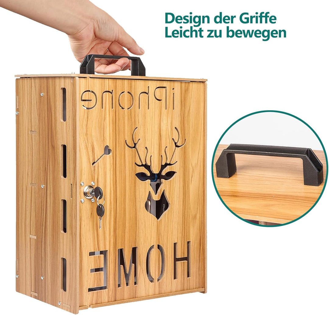 Handy Schrank Abschliessbarer Handy Safe aus Holz 36 Schlitze Wandmontierte Handy aufbewahrungsbox,