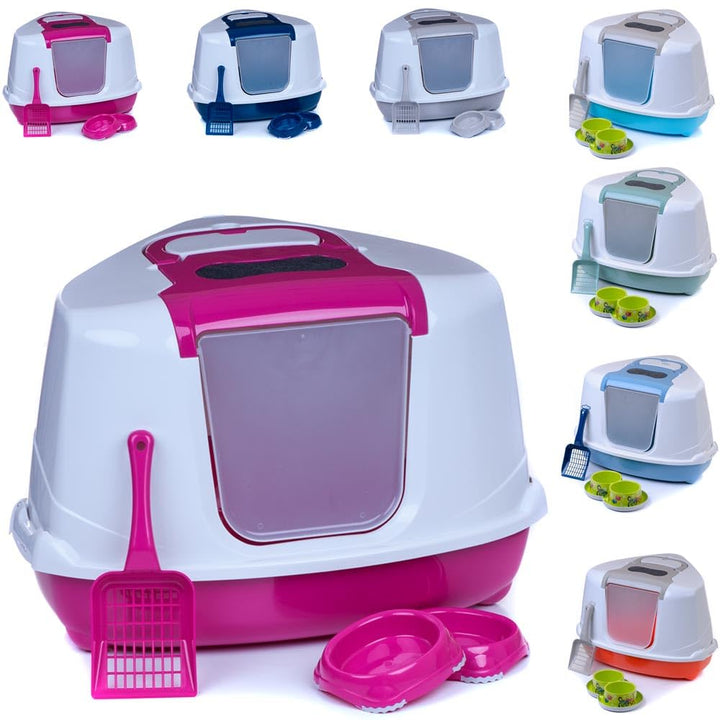 Katzentoilette Flip Corner pink + Streuschaufel + 2 Näpfe, pink