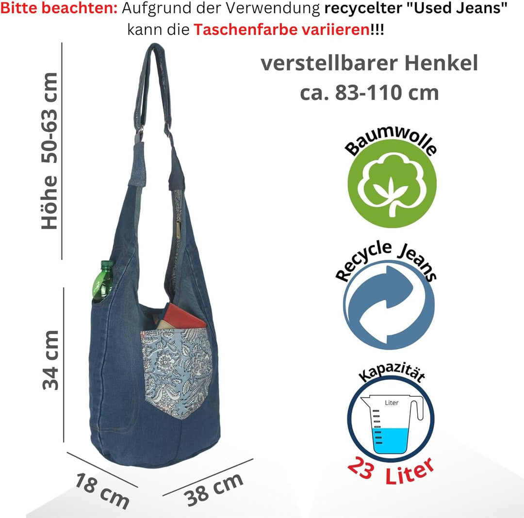 Sunsa Damen nachhaltige Hobo Tasche. Umhängetasche aus recycelte Jeans & Baumwolle. Boho blumig Cros