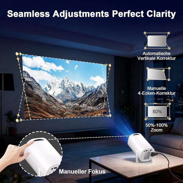 Mini Beamer 4K Full HD 1080P, Tragbarer Projektor mit WiFi 6 und Bluetooth 5.4,Auto-Keystone & Manue