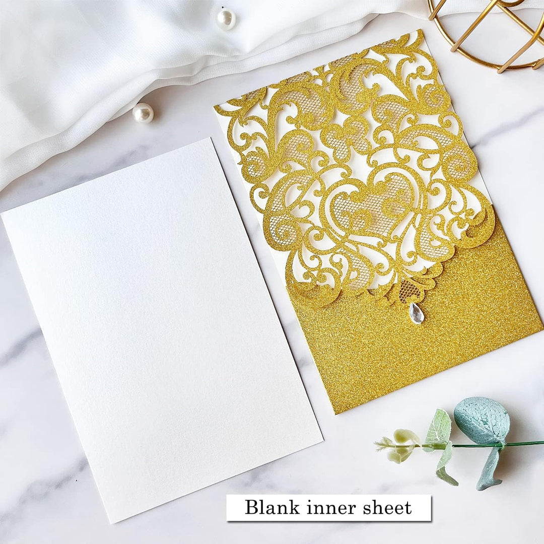 Hosmsua 20x Golden Glitzer Hochzeit EinladungsKarten Lasercut Rose Spitze Wasserdiamant Hochzeitsein
