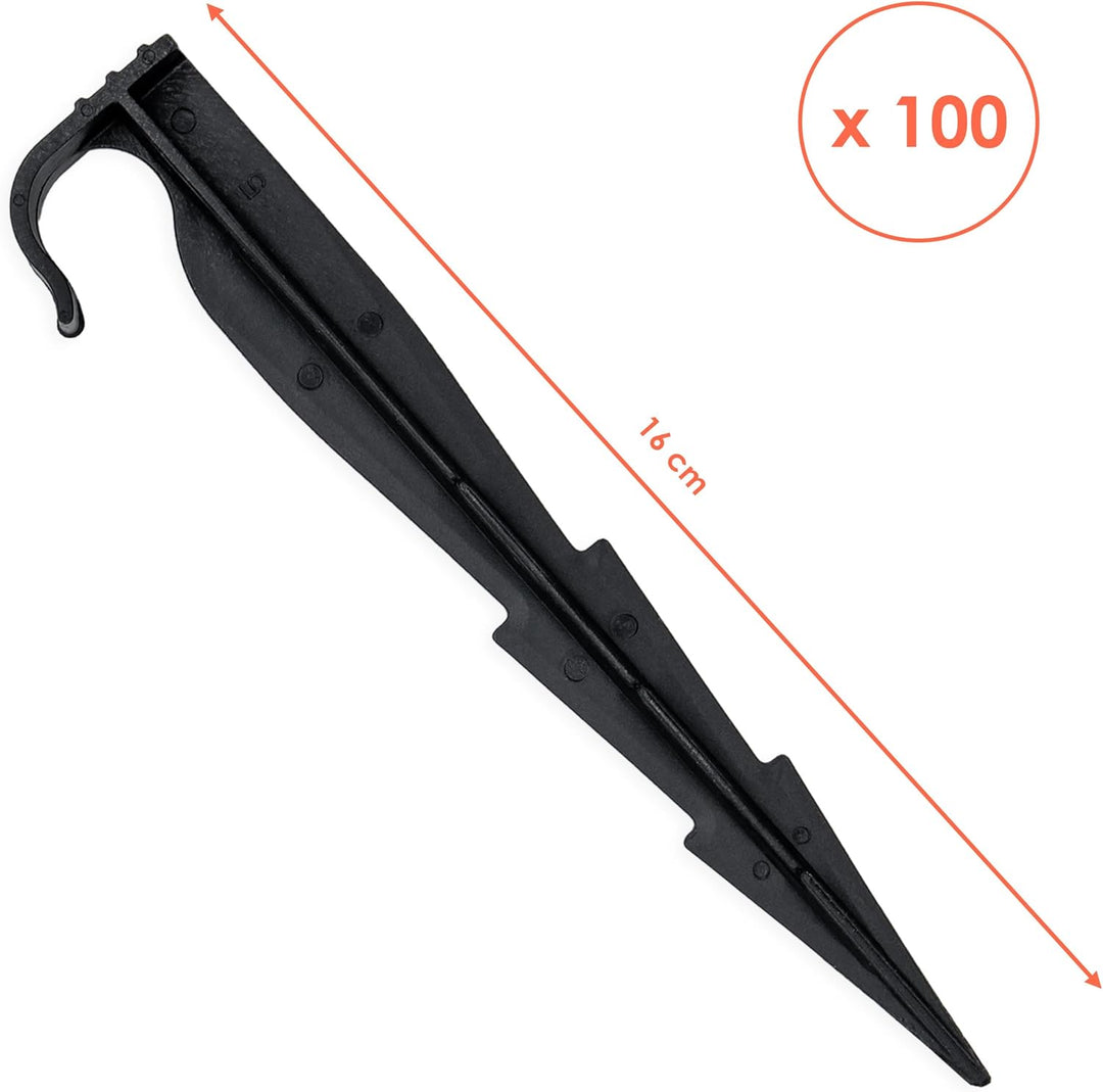 Gartenschlauch Bodenanker schwarz 16 cm - 100er Pack - Erdspiess für Sprinkler und Bewässerungsschlä