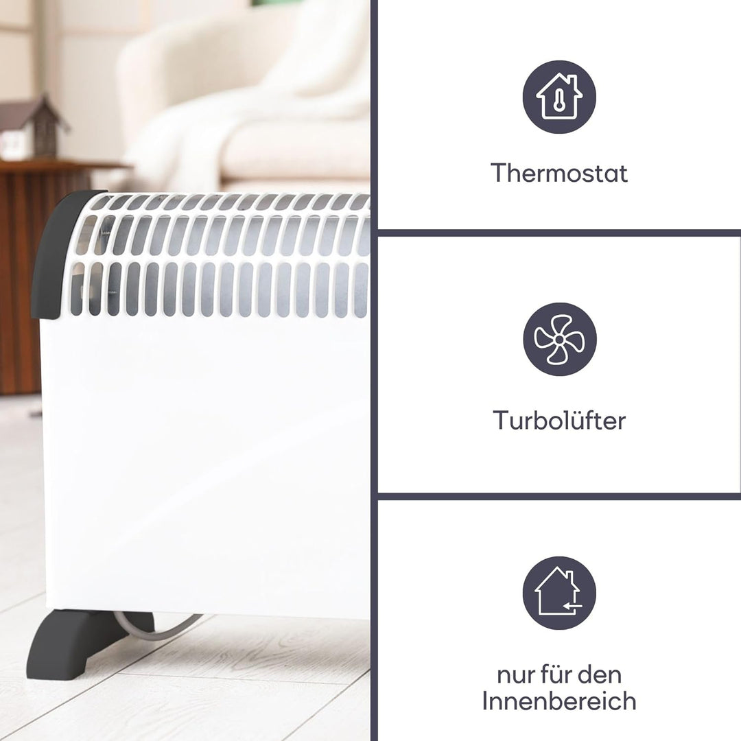Perel Konvektorheizung 2000W, elektrischer Konvektor, Heizlüfter mit 3 Heizstufen, Turbolüfter, Ther