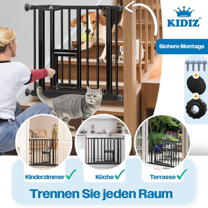 KIDIZ Absperrgitter zum Klemmen mit Katzenklappe, Türschutzgitter, Autoclose Kinder Treppengitter oh
