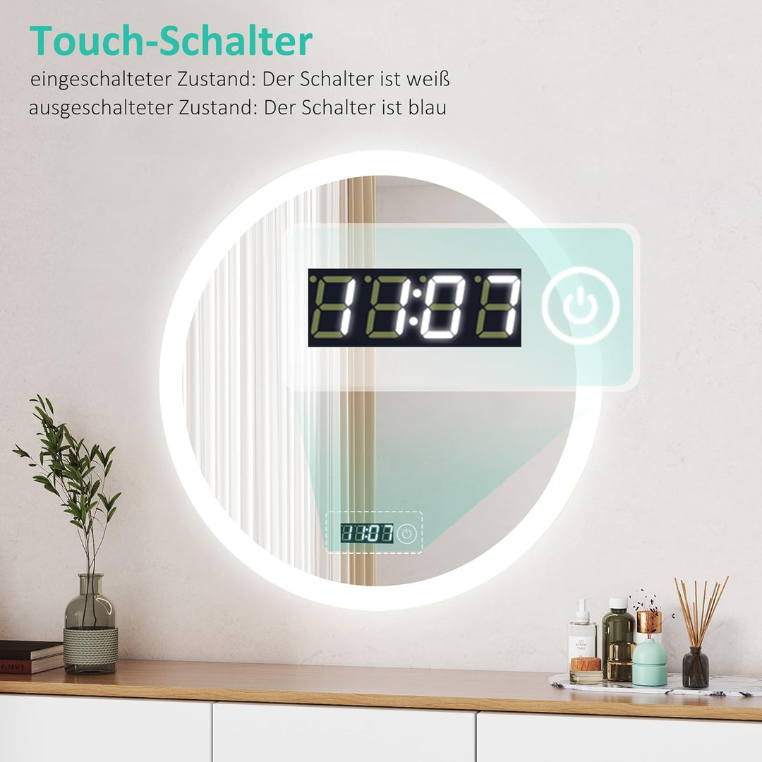 Boromal Badspiegel Rund 60cm Badezimmerspiegel mit Uhr und Beleuchtung 3 Lichtfarbe Dimmbar 3000-650