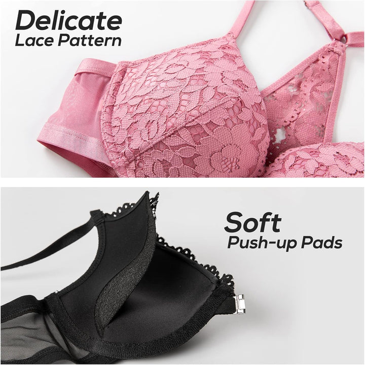 DOBREVA Damen Vorderverschluss BH mit Bügel Push Up Spitzen Neckholder BHS Racerback Tiefer Ausschni
