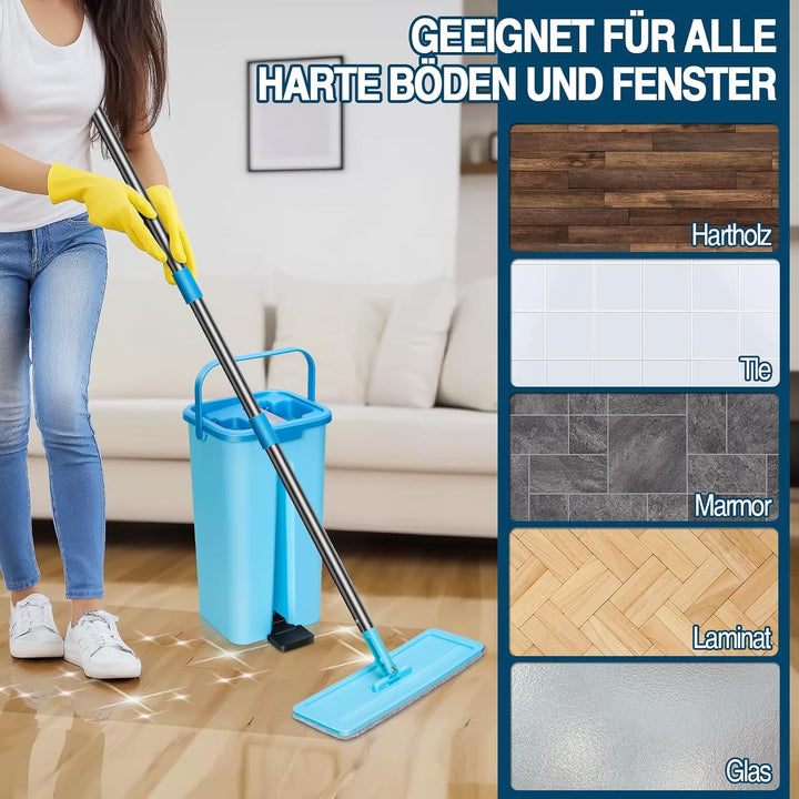 MASTERTOP Wischmopp Set mit Eimer, 2 in 1 Bodenwischer Flachmopp mit Edelstahlgriff und 6 Mikrofaser