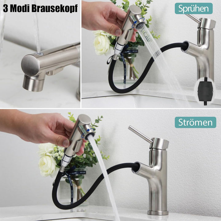 Wasserhahn Bad, SEMANEY Waschtischarmatur mit 3 Modus Brause Ausziehbar, Hochdruck Einhebelmischer M