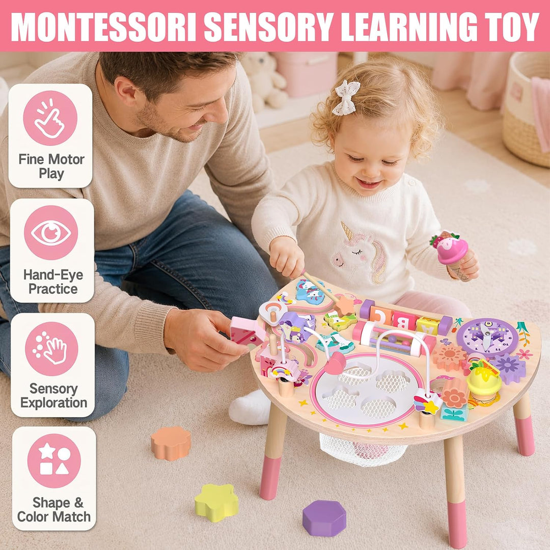 Holz-Aktivitätstisch für Kinder 1-3, Einhorn 10-in-1 Montessori Motorikbrett mit Motorikschleife For
