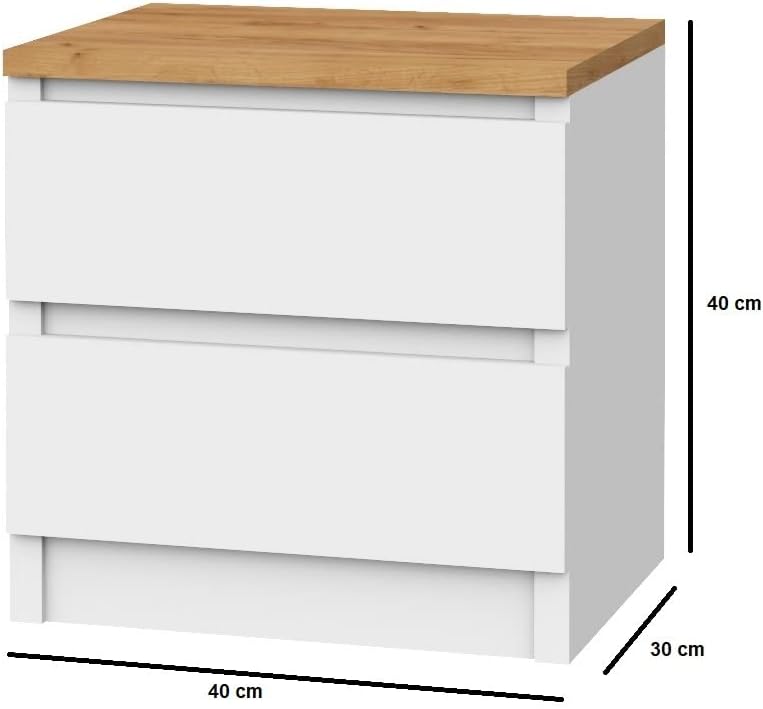 VBChome Nachttisch 40 x 30 x 40 cm Weiss-Eiche Nachttisch mit Zwei Schubladen für das Schlafzimmer G
