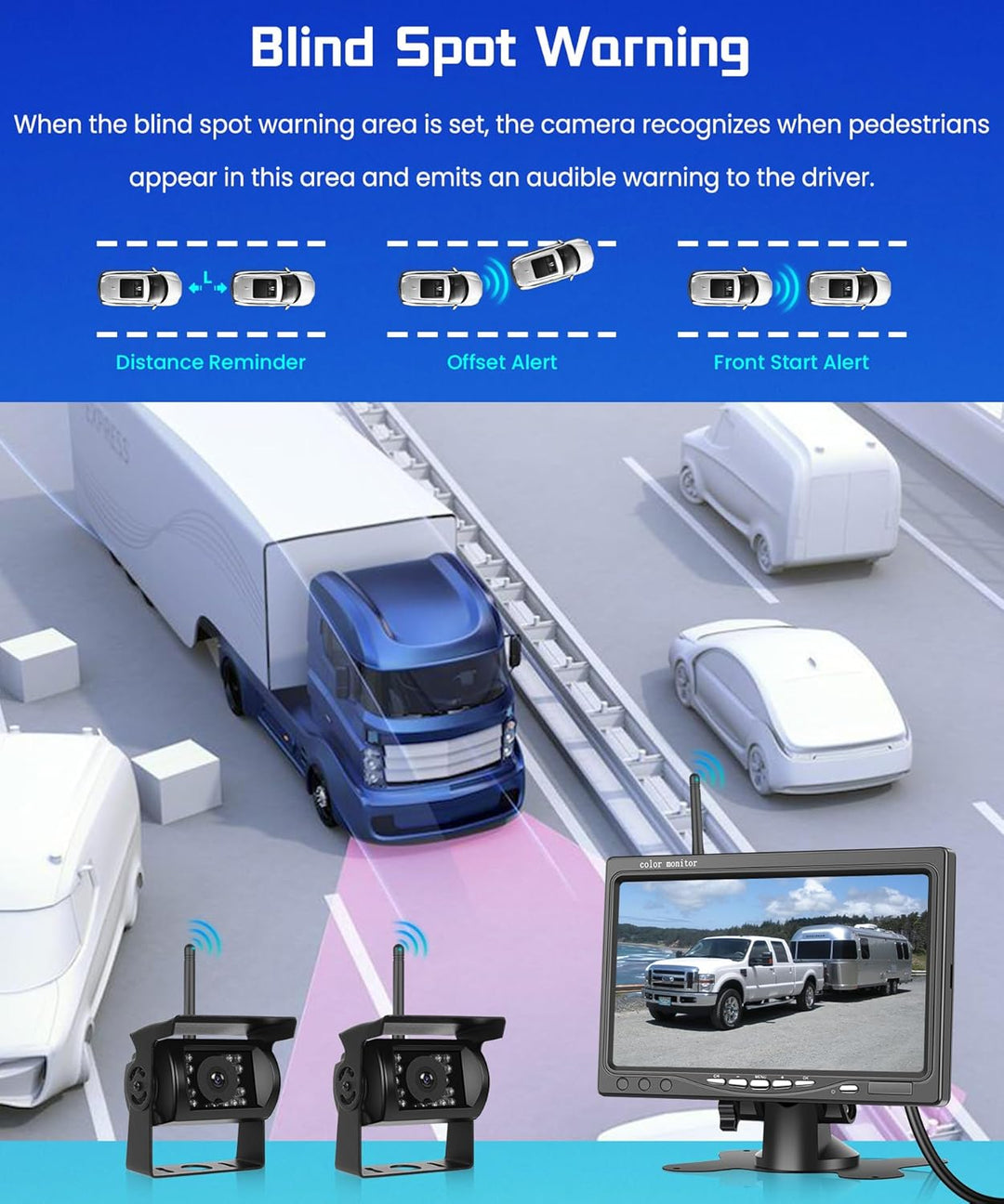 Hodozzy 2 Kabellose Digitale Rückfahrkameras mit 7 Zoll IPS Bildschirm, wasserdichte IP68 Rückfahrka