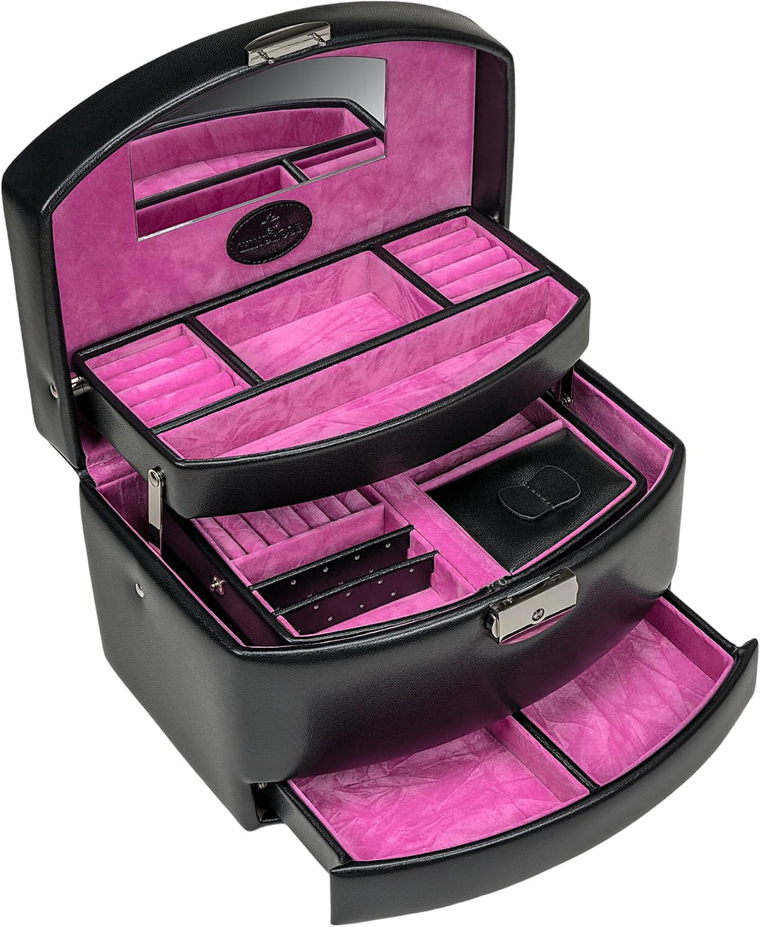 Windrose Automatik-Schmuckkoffer mit Reiseeinsatz/Merino Moda (schwarz-pink), Schwarz-pink