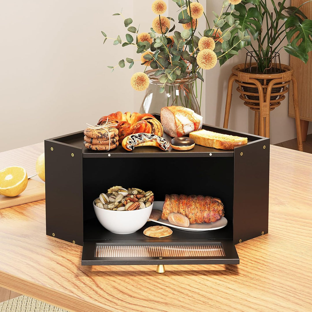VEDECASA Eck-Brotkasten für Küche Bambus Brotkasten mit Transparenter Acryl-Tür Schwarz Brotkorb für