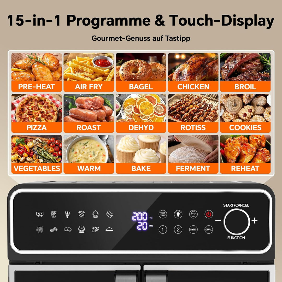 Emphsism Heissluftfritteuse XXL 23L - Mini Backofen Variable Flex-Zone, French Door Airfryer 2 Kamme