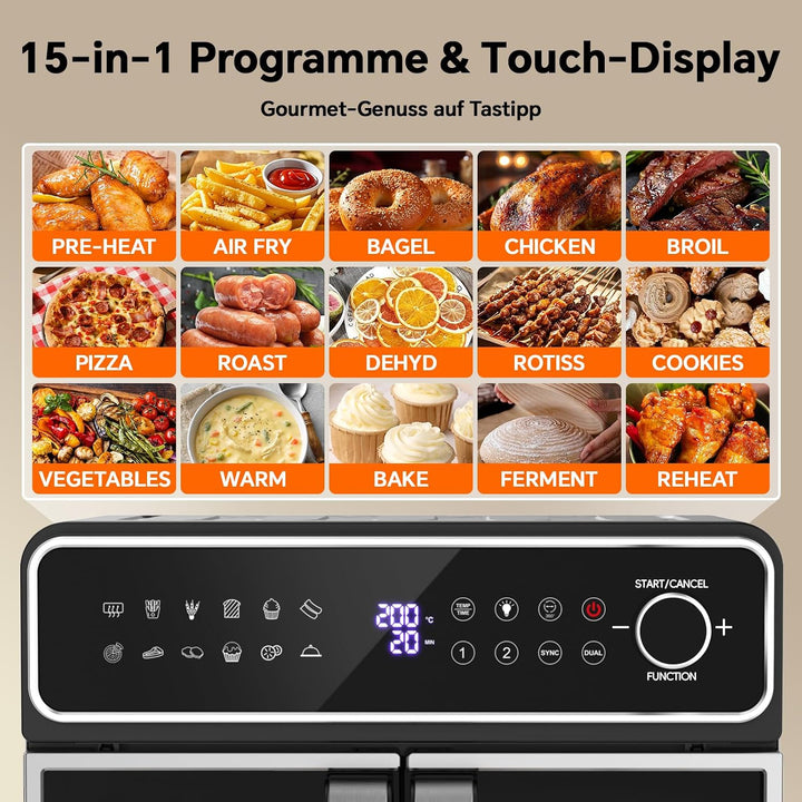 Emphsism Heissluftfritteuse XXL 23L - Mini Backofen Variable Flex-Zone, French Door Airfryer 2 Kamme
