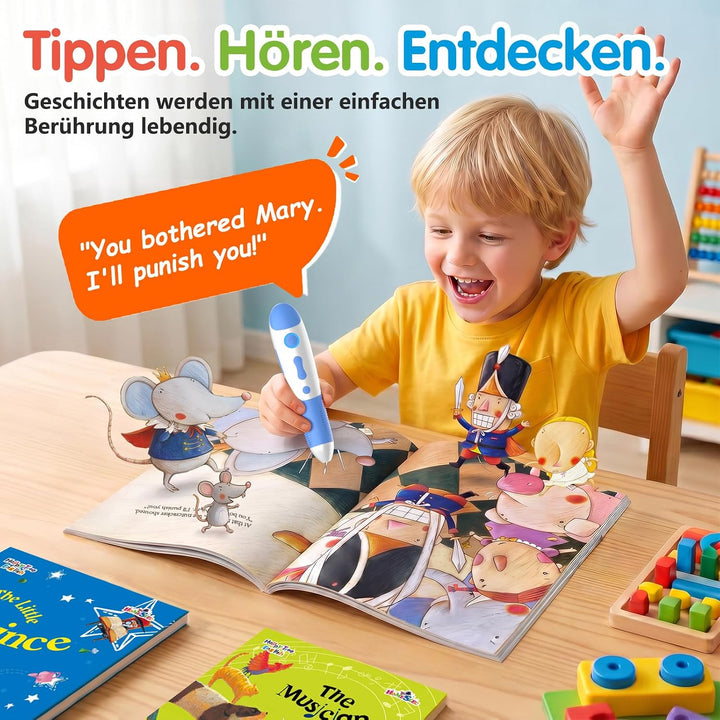 Interaktiver Lernstift mit 10 englischen Geschichtenbüchern, Vorlesestift für Kinder ab 2–5 Jahren,