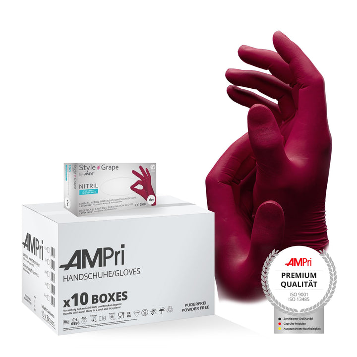 AMPri Nitrilhandschuhe, bordeaux, rot, 10 Box a 100 Stk, Grösse XS, puderfrei, Style Grape by Med-Co