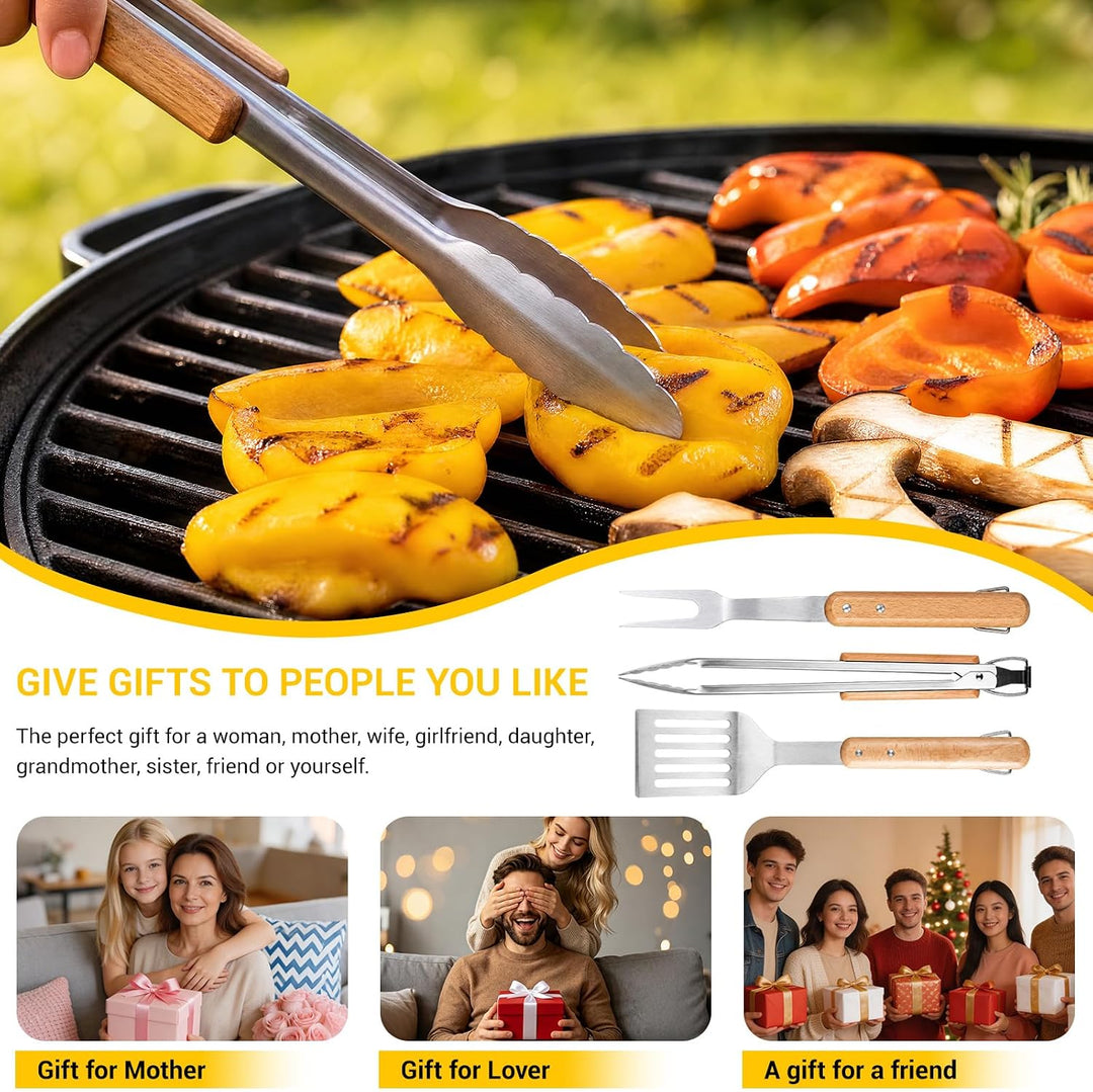 Grillbesteck Set 4-teilig Edelstahl Holzgriff Zange Wender Gabel Bürste | Grillbesteck mit Akazienho