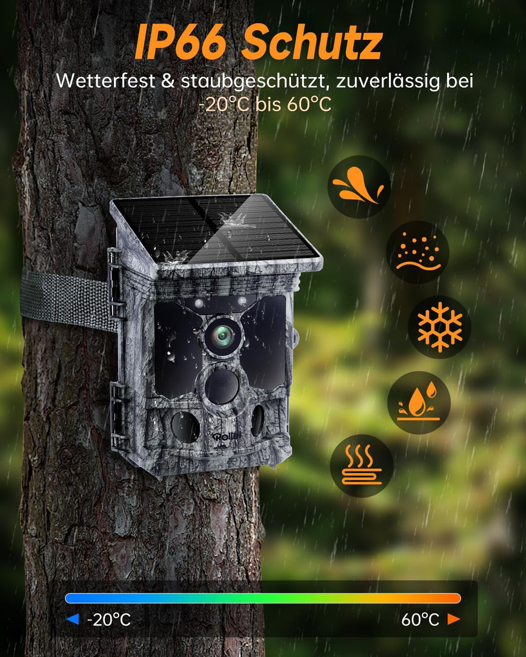 Rollei Wildkamera 4K WiFi Solar, 48MP 4K Wildtierkamera mit Handyübertragung App & Bewegungsmelder N