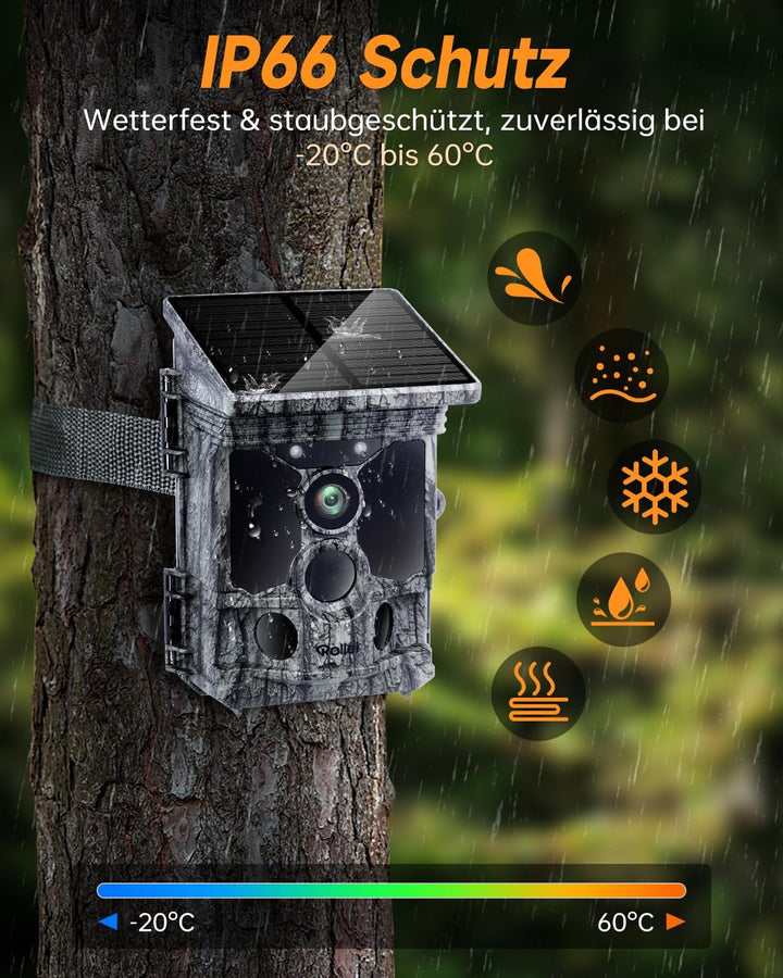 Rollei Wildkamera 4K WiFi Solar, 48MP 4K Wildtierkamera mit Handyübertragung App & Bewegungsmelder N