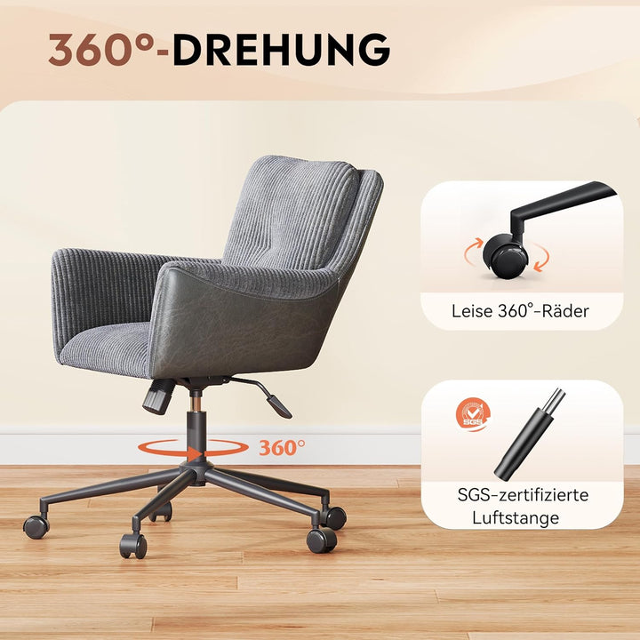 DEVAISE Homeoffice Stuhl Cord Stoff Dunkelgrau, Ergonomischer Schminktischstuhl mit Kissen, höhenver