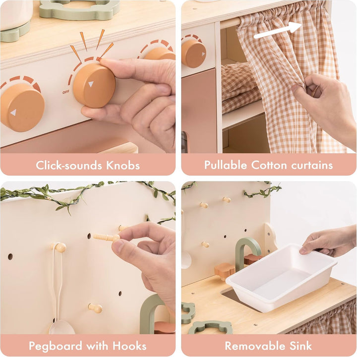 ROBUD Kinderküche Holz Kinder Spielzeug, Spielküche Kinder Küche Zubehör mit Backofen, Schürze, Hand