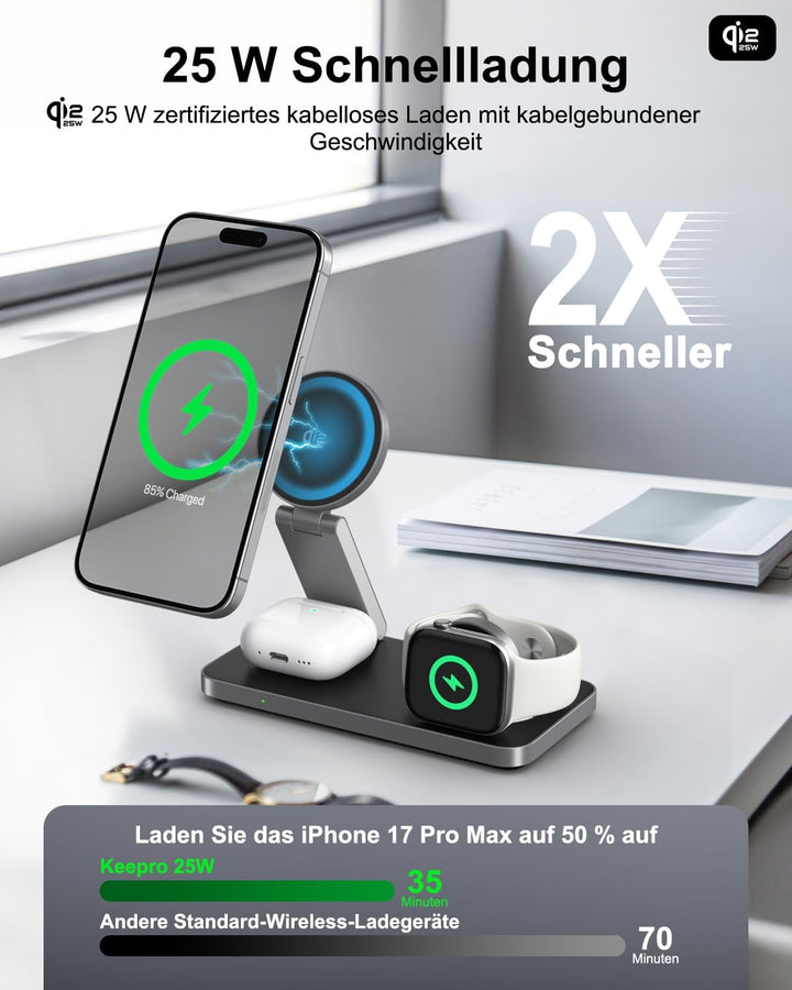 25W kabelloses Ladegerät mit Mag-Safe, Faltbare 3-in-1 Ladestation für iPhone Air 17/16/15/14/13/12,