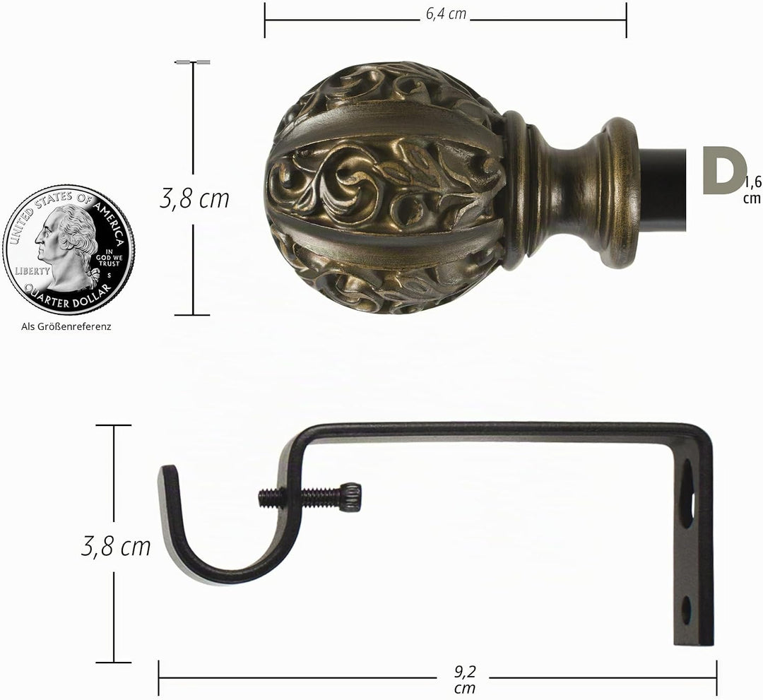 Decopolitan Blattkugel Gardinenstangen-Set, 1,6 cm, Metall, Vintage Bronze, 48 to 86 Inches Bronzen