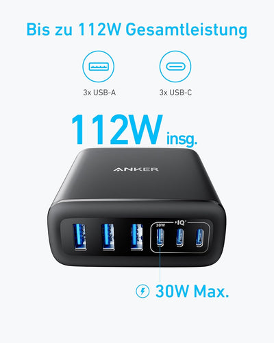 Anker USB-C Ladegerät, 6 Port Ladestation mit 112W Ausgang Leistung, Für iPhone 16/16 Plus/16 Pro/16