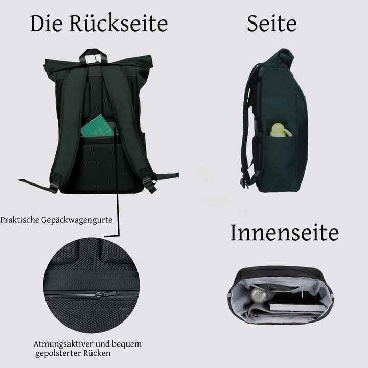 LETO Rolltop Rucksack Damen &amp; Herren,Unisex Wasserdicht Rollrucksack Mit Laptopfach Travel Backpack,