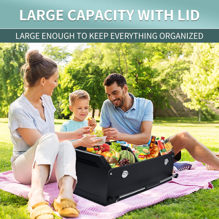 60L Premium Leder Auto Kofferraum Organizer mit Deckel - Stabiler Griffe & Metallschloss, Multifunkt
